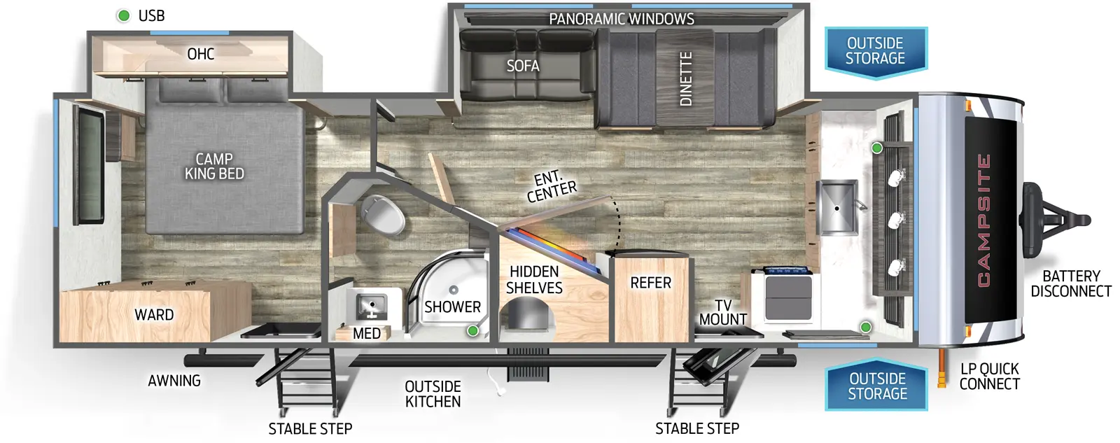 The Campsite Reserve 26BW floorplan has two entries and two slide outs. Exterior features include: metal exterior and outside kitchen. Interiors features include: front kitchen and rear bedroom.